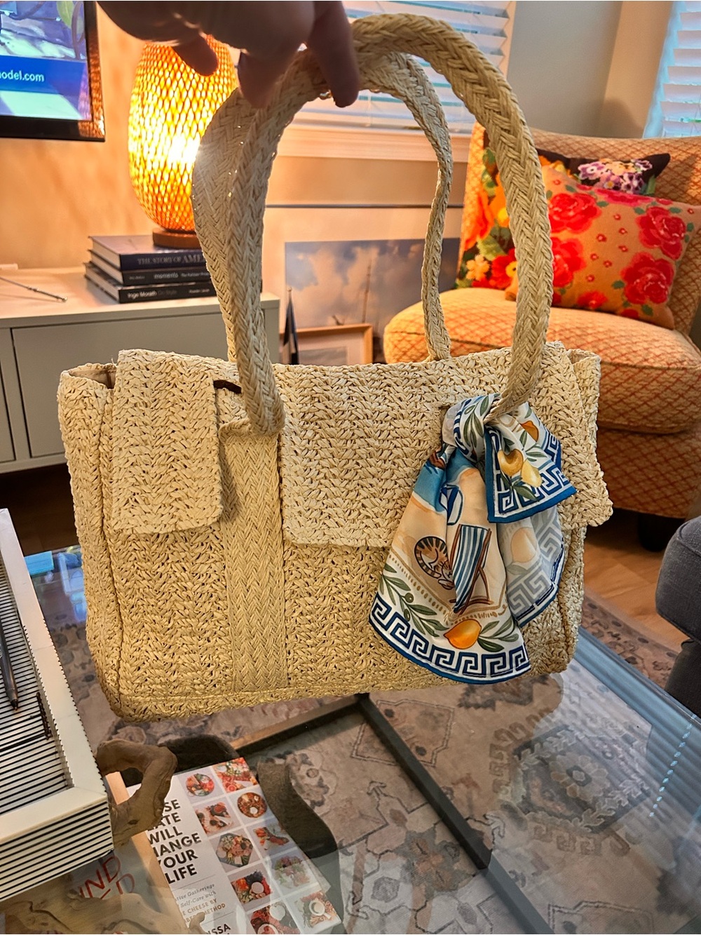 Natural Woven Tote Bag with Blue-Accent Scarf w/zipper